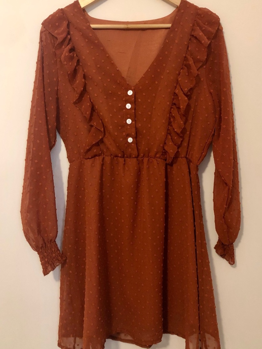 Pumpkin Rust Color Boho Swiss Dot Pattern Chiffon Mini Dress - Size Medium